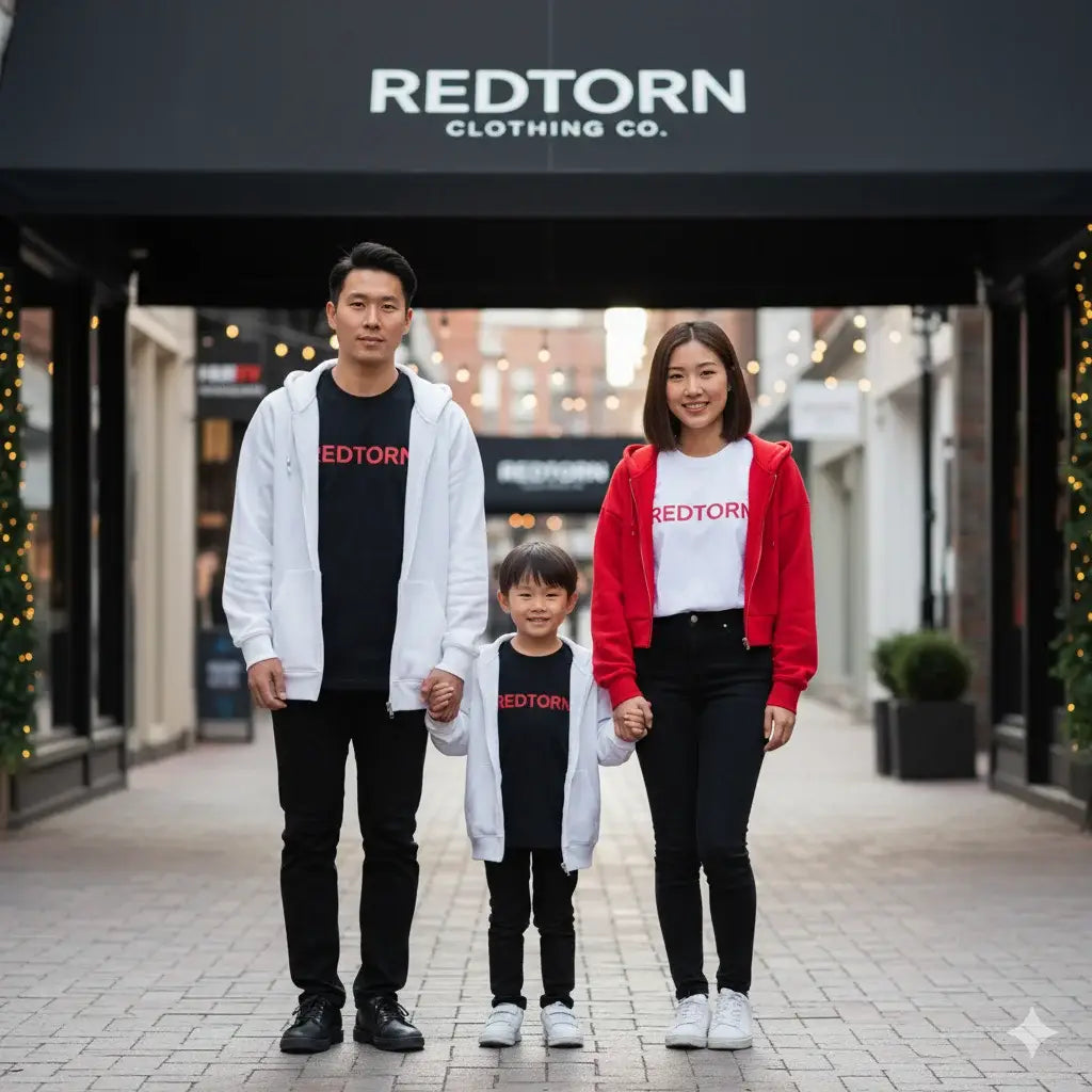 Family in matching Redtorn clothing: black tees with red lettering under hoodies.