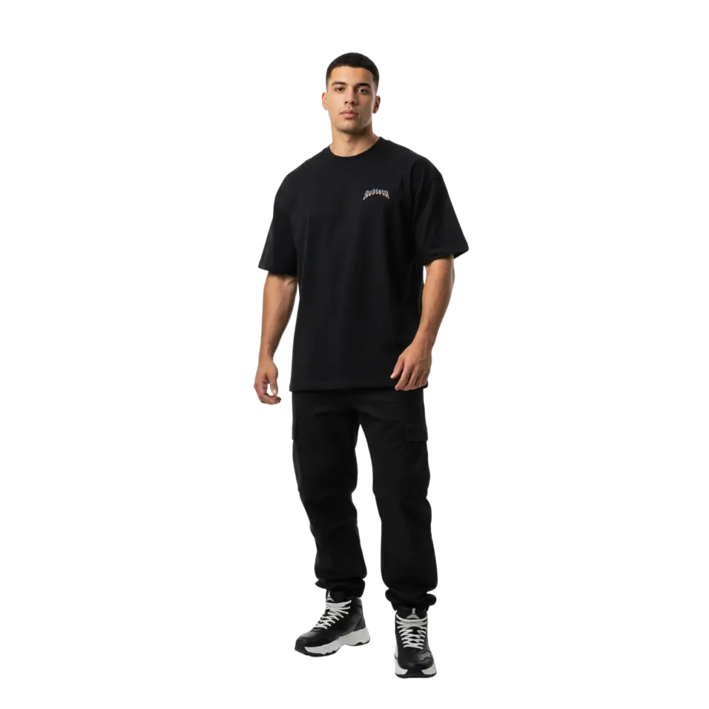 Black oversized cotton unisex classic tee with fire skull graphic and white embroidered logo