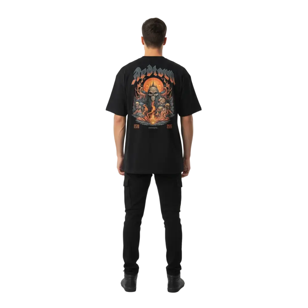 Fire skull graphic cotton unisex classic tee with flames and redion text
