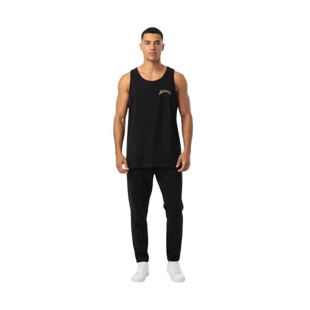 Black premium tank top with fire skull graphic and embroidered logo
