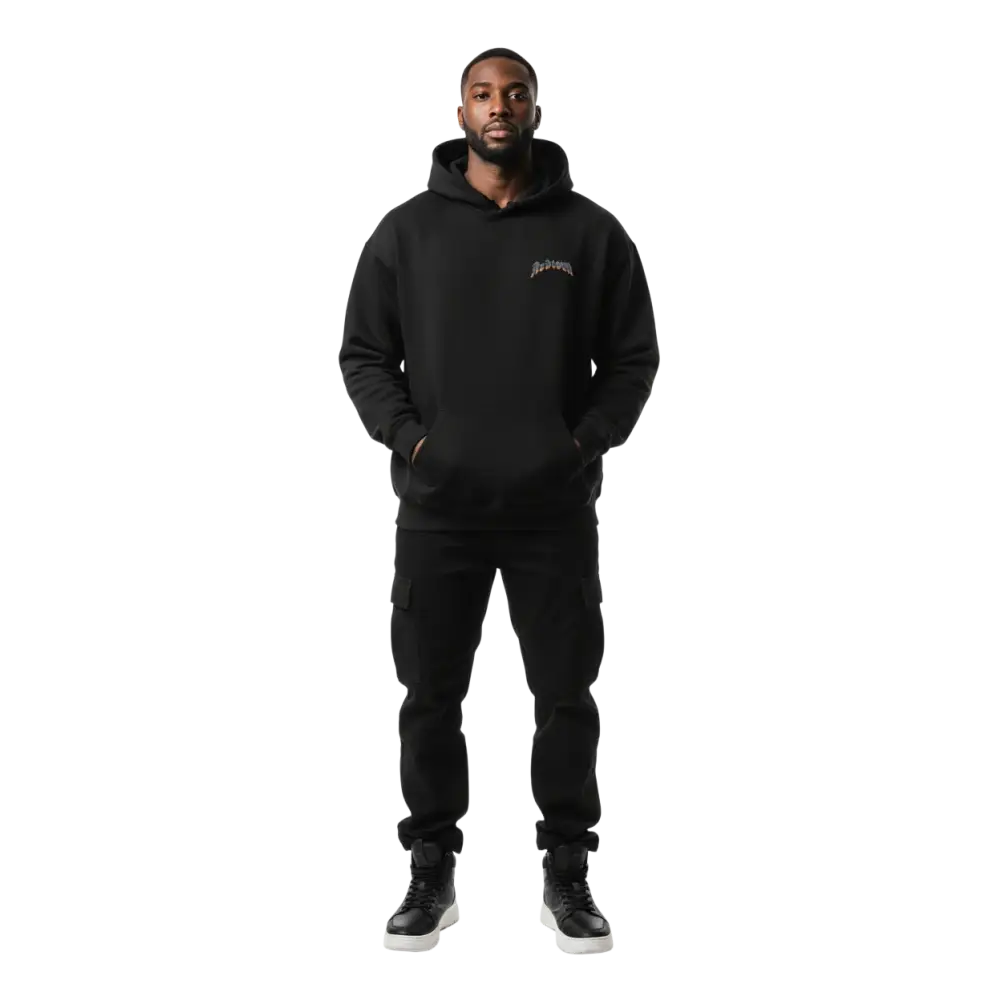 Fire skull premium unisex hoodie with black fabric and embroidered chest logo