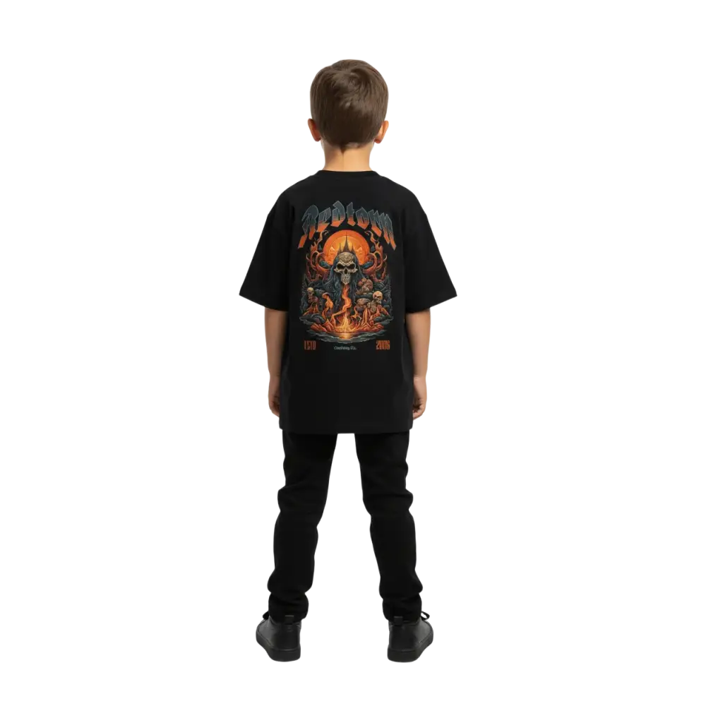 Flaming skull kids cotton t-shirt with Apollyon graphic tee