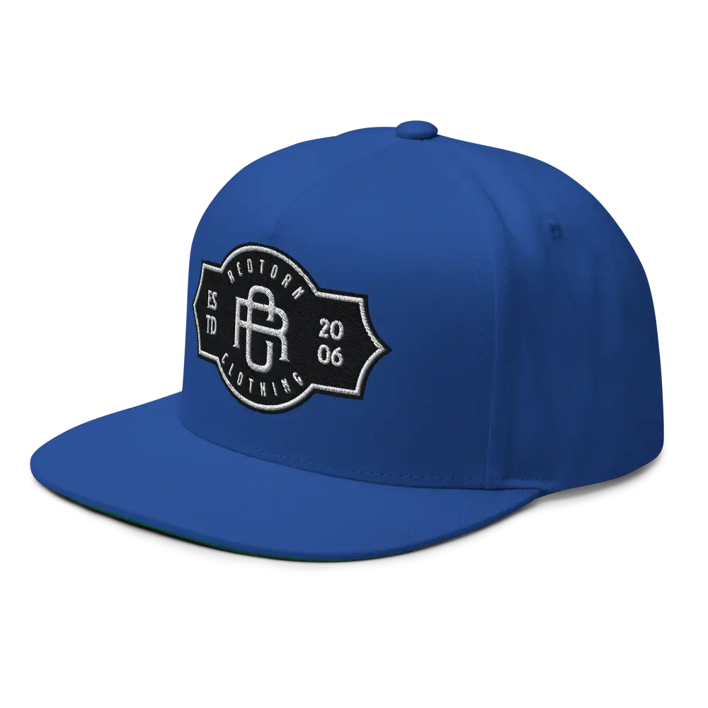 Royal blue flat bill snapback cap with RC monogram logo