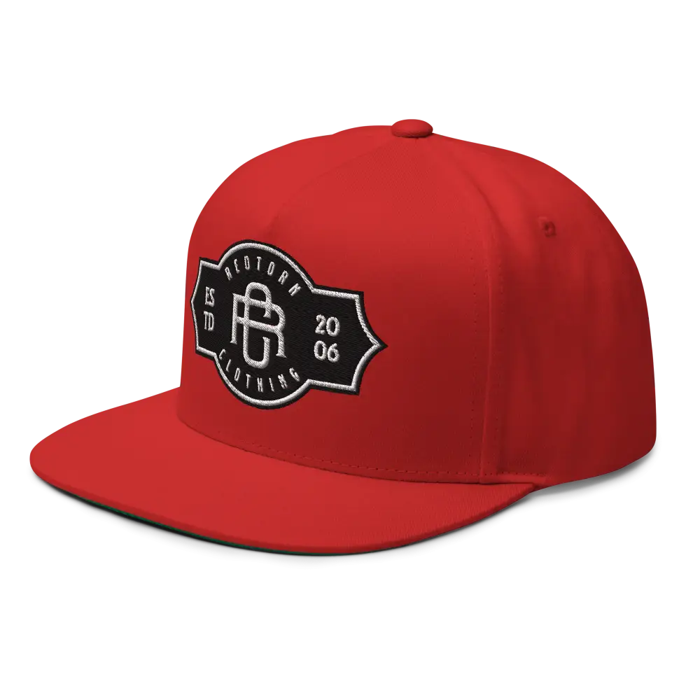 Red RC Monogram Flat Bill Snapback Cap with black and white logo