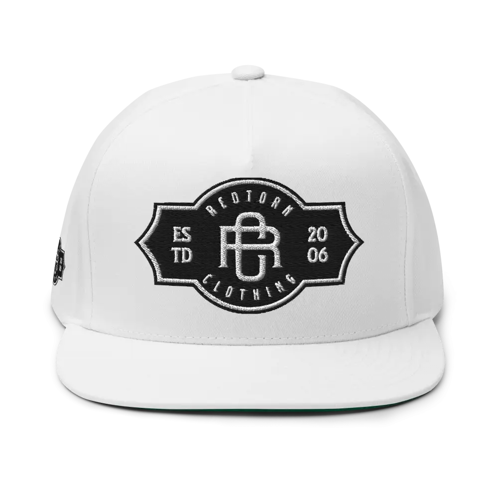 White RC Monogram flat bill snapback cap with black logo, unisex headwear