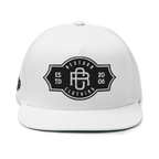 White RC Monogram flat bill snapback cap with black logo, unisex headwear