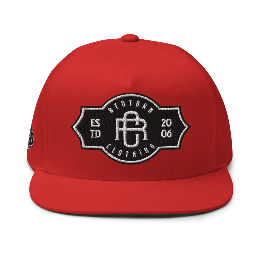 Red flat bill snapback cap with RC Monogram logo, Redstorm unisex headwear
