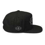 Black RC Monogram flat bill snapback cap with white logo, unisex headwear