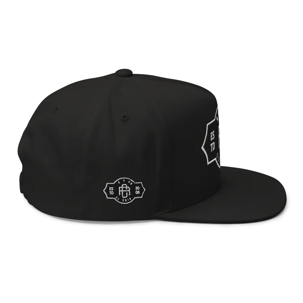 Black RC Monogram flat bill snapback cap with white logo, unisex headwear
