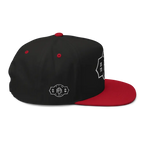 RC Monogram Flat Bill Snapback Cap in black and red with white logo