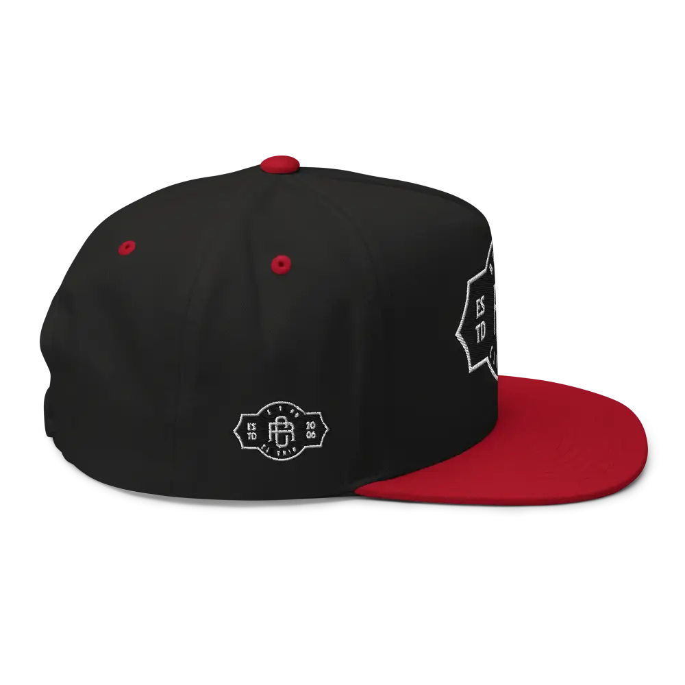 RC Monogram Flat Bill Snapback Cap in black and red with white logo