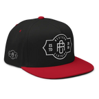 Black and red flat bill snapback cap with RC Monogram logo