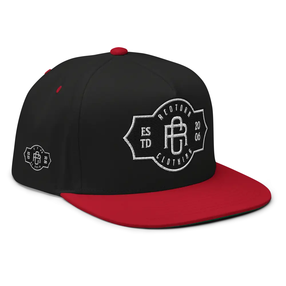 Black and red flat bill snapback cap with RC Monogram logo