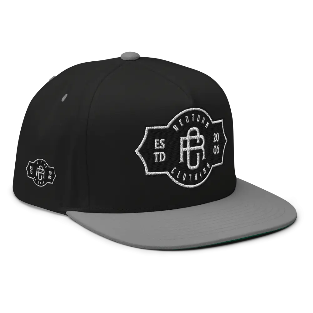 RC Monogram flat bill snapback cap in black and gray with white logo