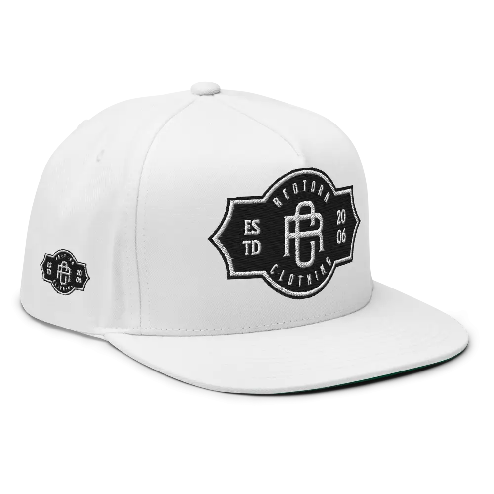 RC Monogram Flat Bill Snapback Cap with shield logo, estd 2006, Bedjohn Clothing