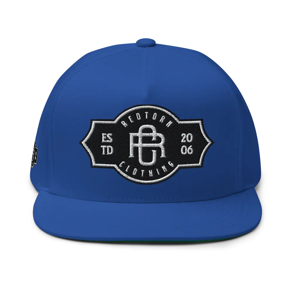 Royal blue flat bill snapback cap with RC monogram logo