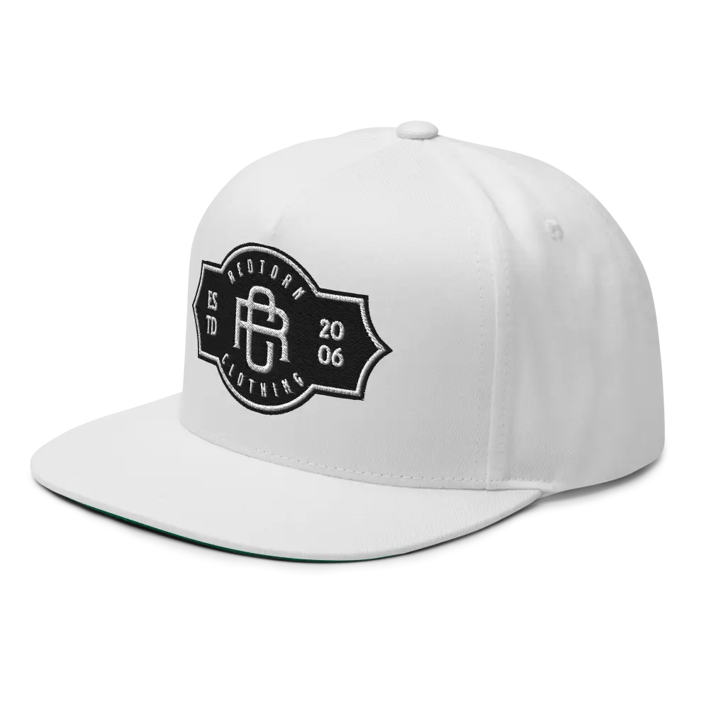White RC Monogram Flat Bill Snapback Cap with black logo