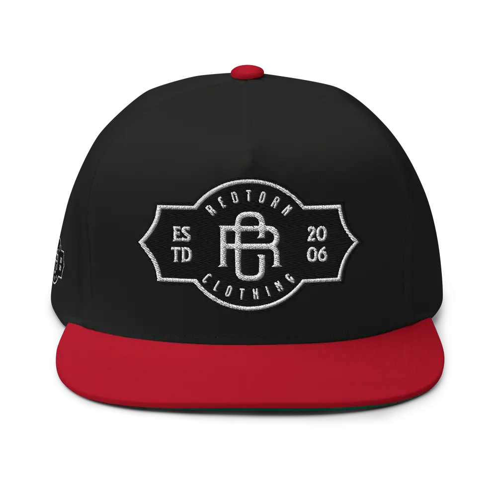 RC Monogram Flat Bill Snapback Cap in black and red with white logo
