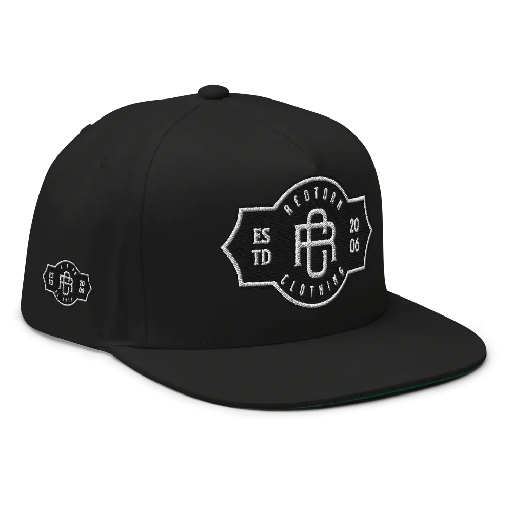 RC Monogram Flat Bill Snapback Cap with black flat brim and white logo patch