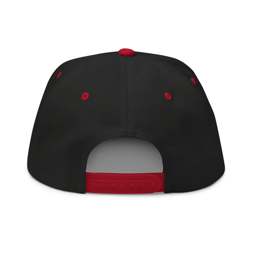 RC Monogram Flat Bill Snapback Cap in black and red with adjustable strap