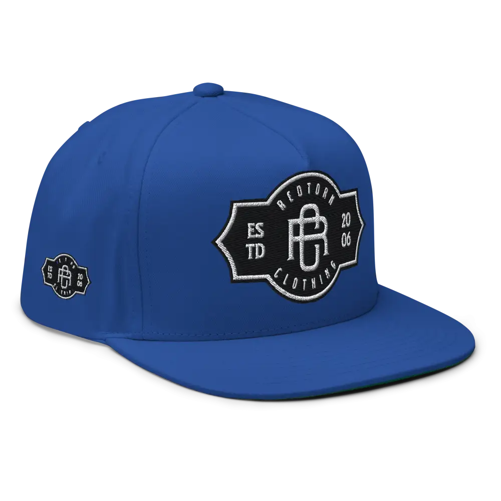 Royal blue RC Monogram flat bill snapback cap with shield logo