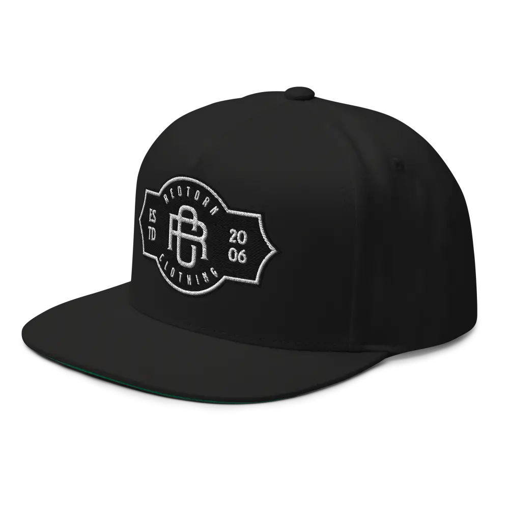 RC Monogram Flat Bill Snapback Cap with black flat brim and white logo