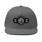 Gray flat bill snapback cap with RC monogram logo, unisex headwear