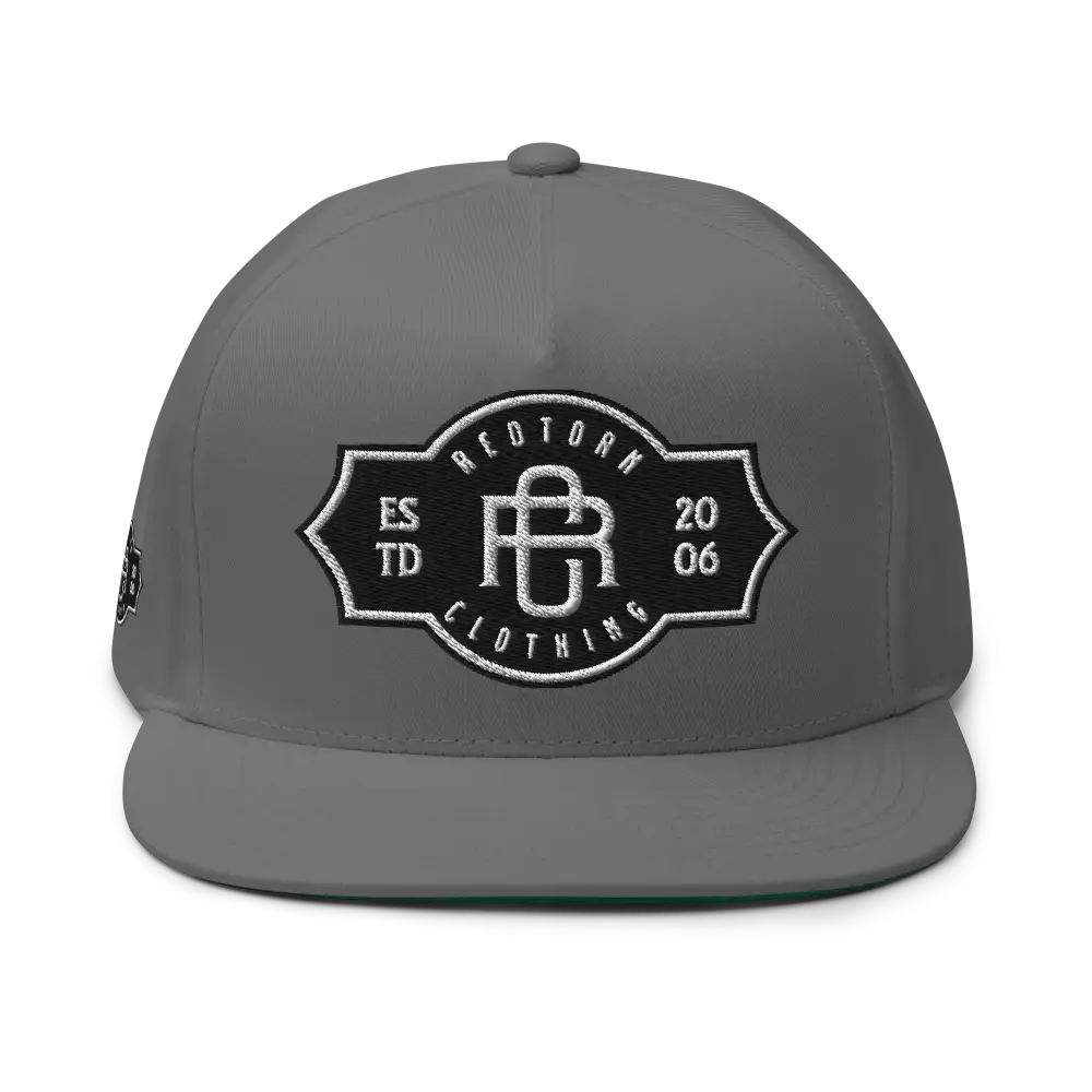 Gray flat bill snapback cap with RC monogram logo, unisex headwear