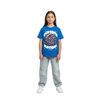 Vibrant royal blue kids cotton t-shirt with colorful space design and cotton clothing text