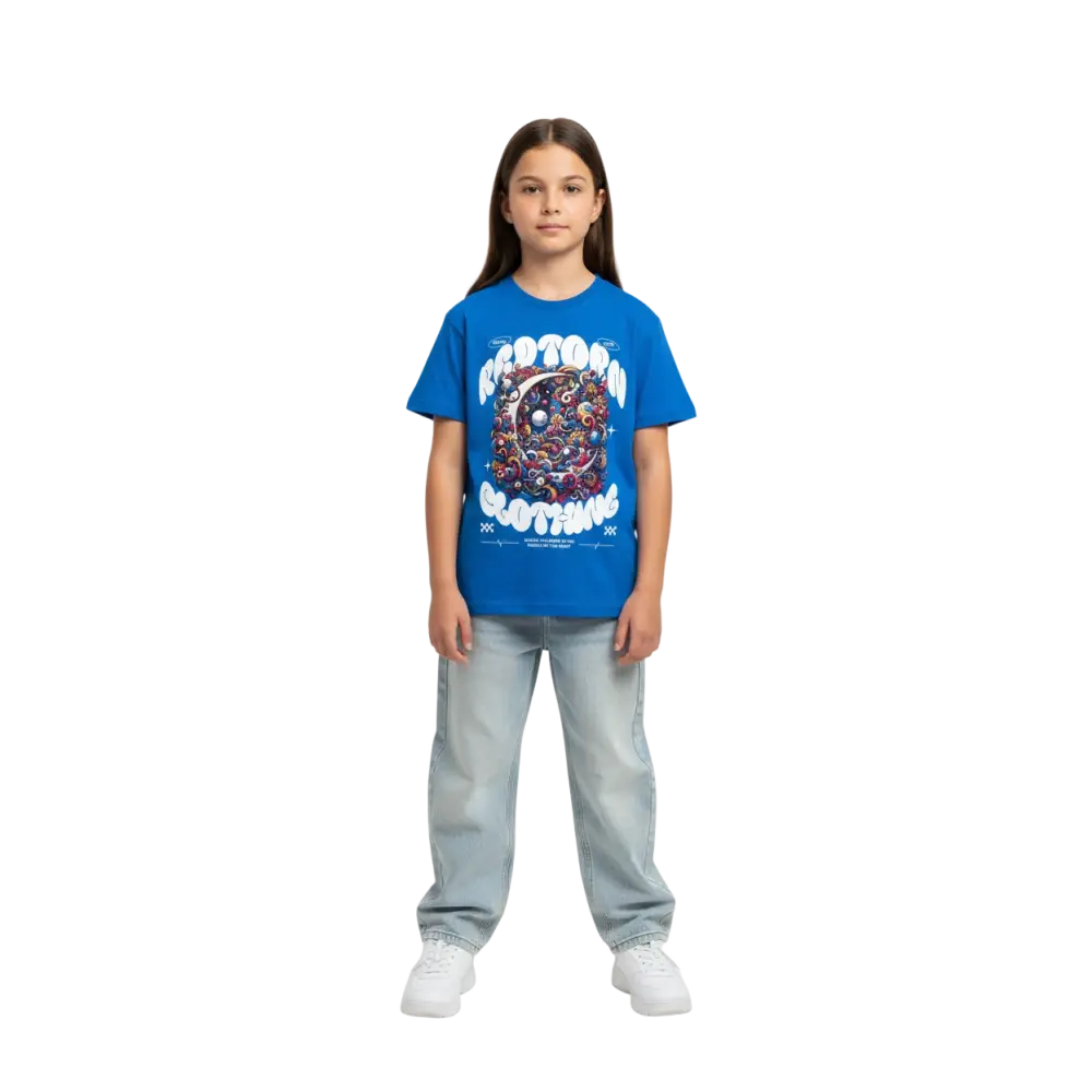 Vibrant royal blue kids cotton t-shirt with colorful space design and cotton clothing text