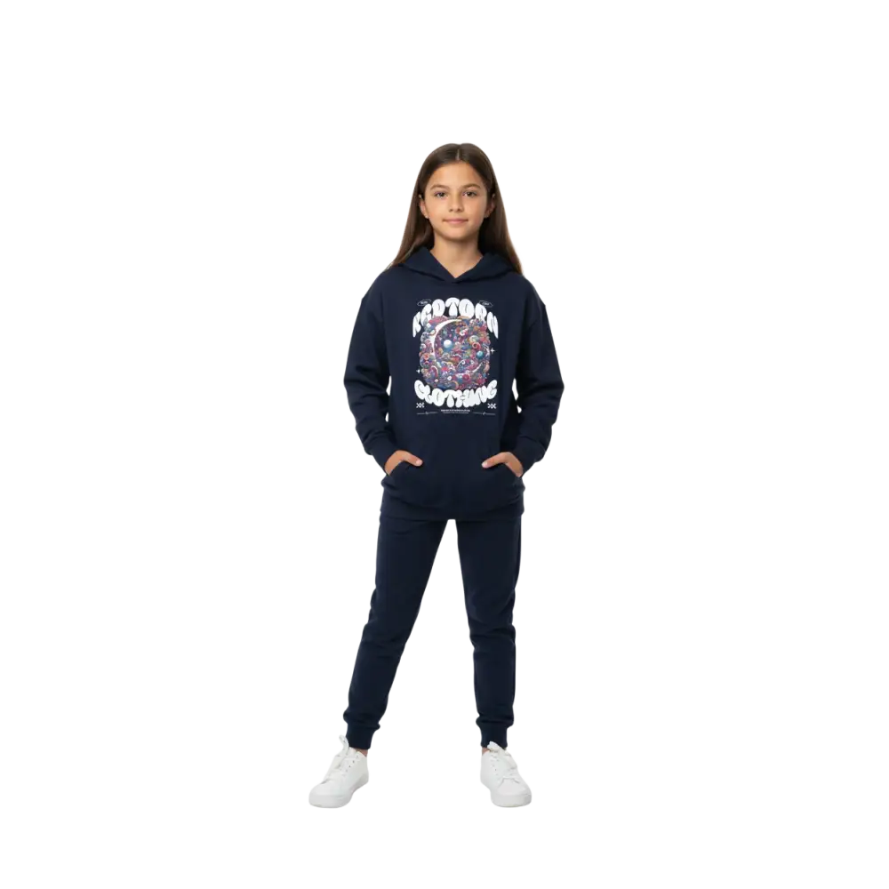 Galaxy Space Kids Unisex Hoodie in navy blue with colorful space design