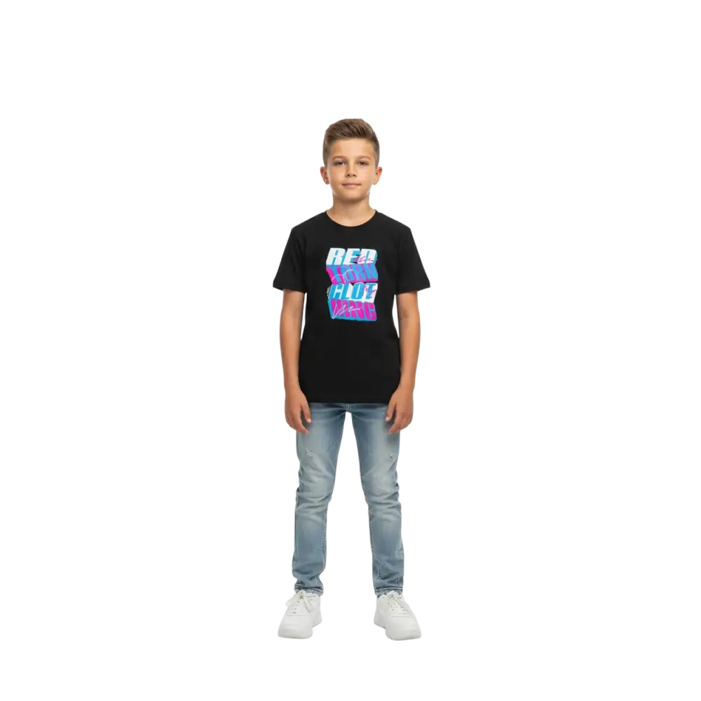 Glitch logo kids cotton t-shirt with vibrant red blue graphic in neon pink and blue