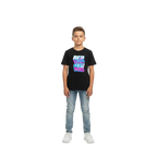 Glitch logo kids cotton t-shirt with vibrant red blue graphic in neon pink and blue