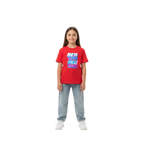 Glitch logo kids cotton t-shirt with red text on gradient background