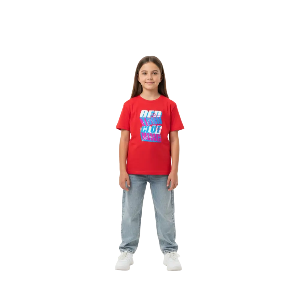 Glitch logo kids cotton t-shirt with red text on gradient background