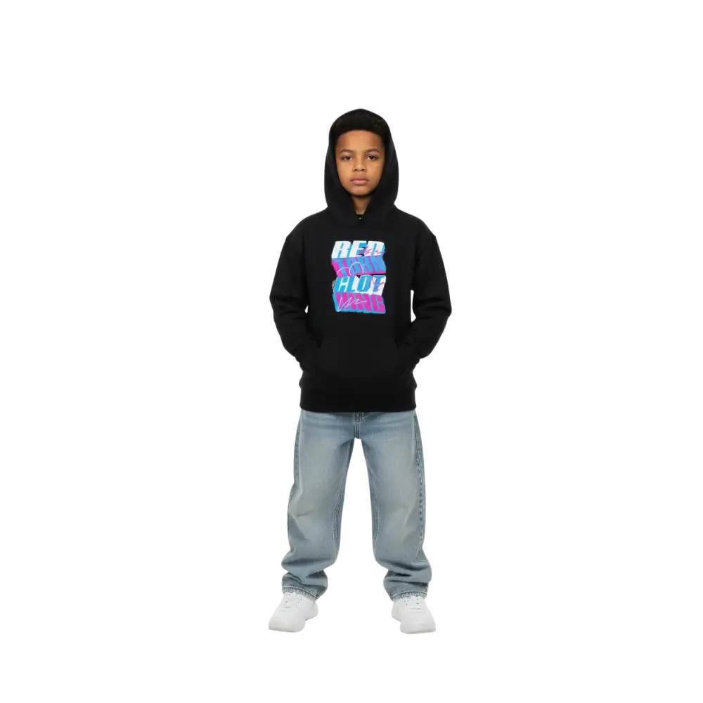 Glitch retro style kids unisex hoodie with neon pink blue red hop graphic