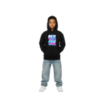 Glitch retro style kids unisex hoodie with neon pink blue red hop graphic
