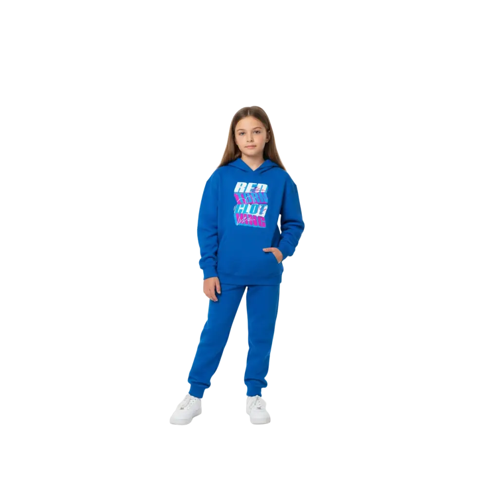 Glitch retro style kids unisex hoodie in blue with red hot neon graphic