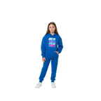 Glitch retro style kids unisex hoodie in blue with red hot neon graphic