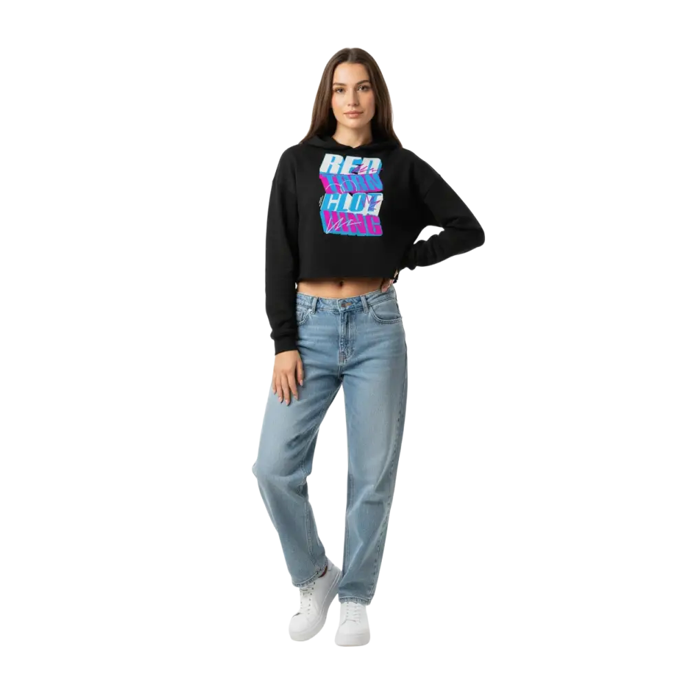 Black cropped women’s crop hoodie with neon pink and blue glitch logo design