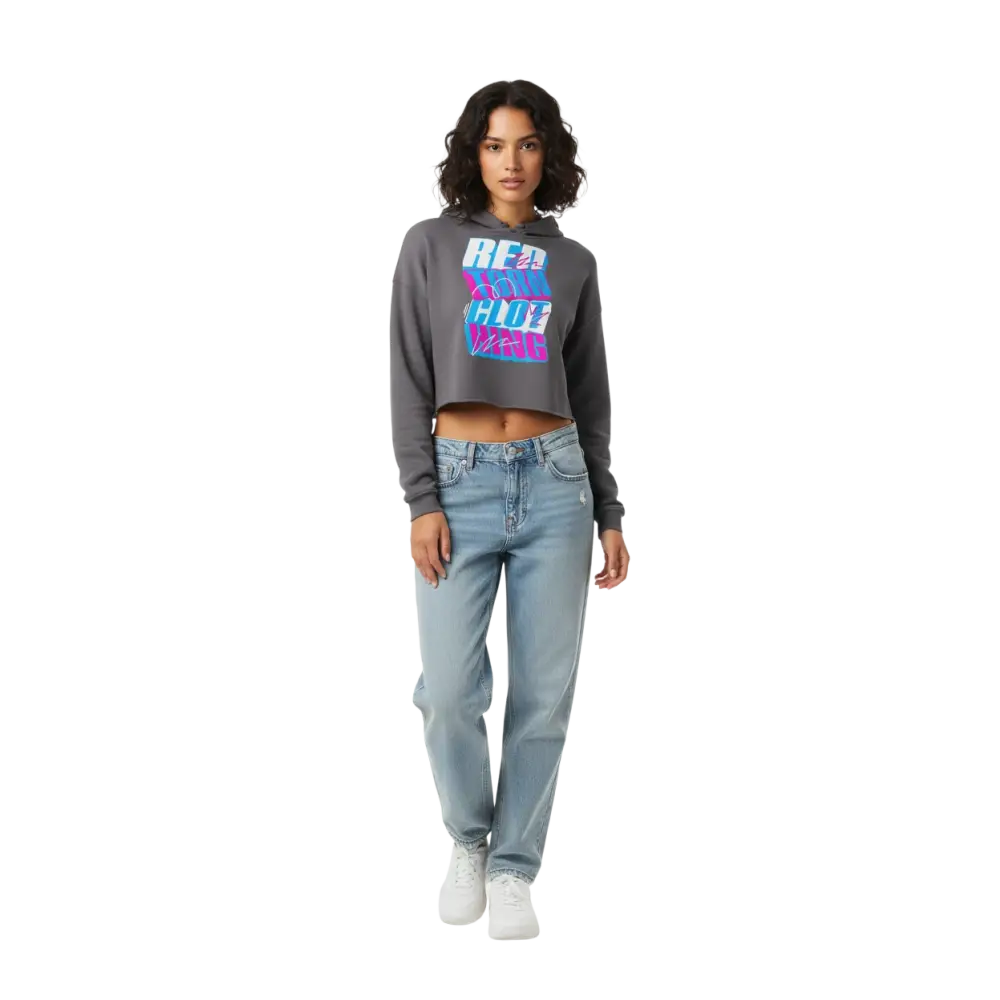 Gray cropped women’s crop hoodie with vibrant red hot glitch logo design