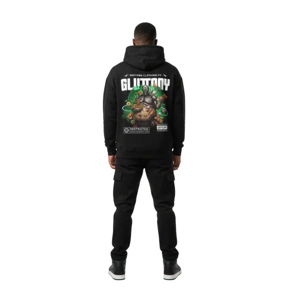Gluttony hoodie from Deadly Sins Collection: black with green gold gluttony graphic