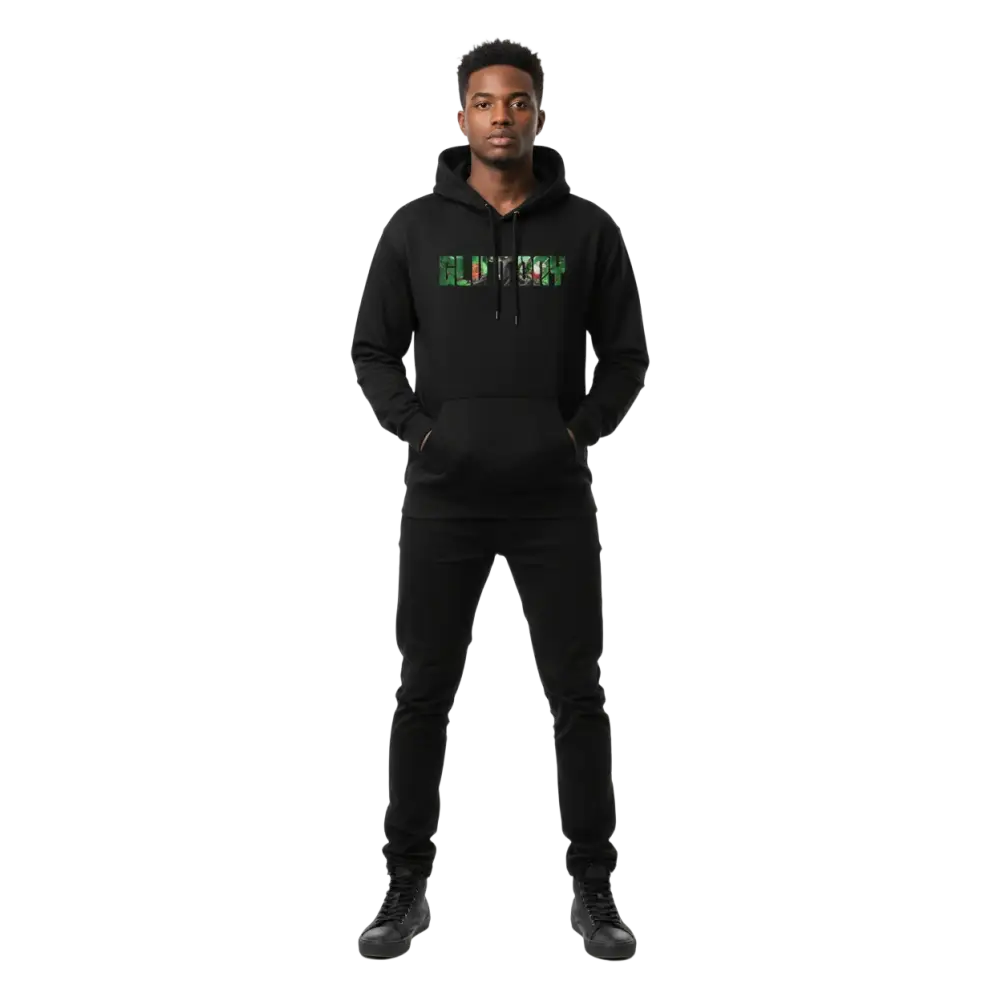 Gluttony hoodie from Deadly Sins Collection, black with green and white graphic