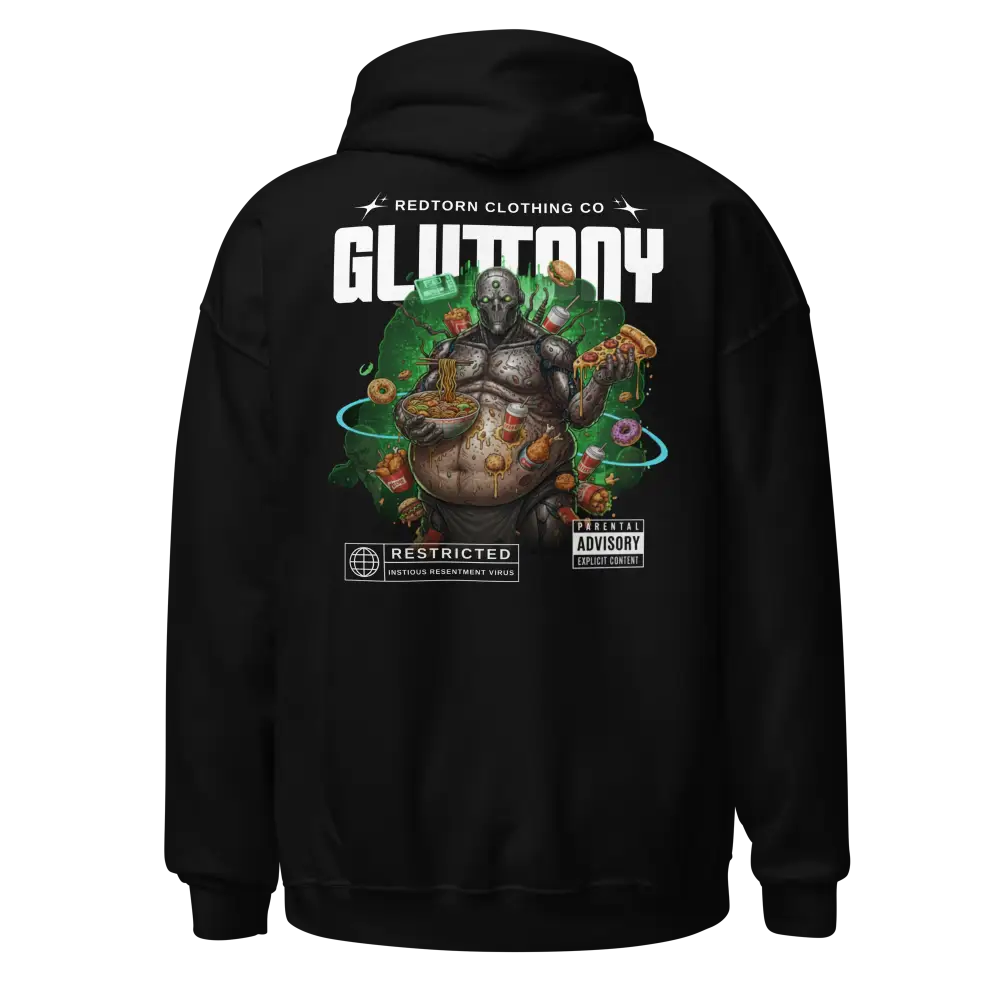 Gluttony Hoodie from Deadly Sins Collection: muscular figure and food graphic in Australian streetwear