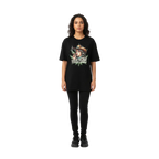 Black oversized graphic cotton unisex tee with woman in hat smoking motif and good folks bad world text