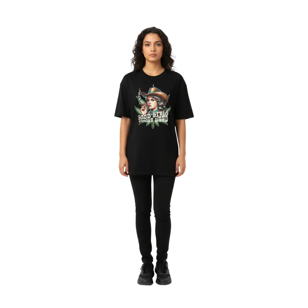 Black oversized graphic cotton unisex tee with woman in hat smoking motif and good folks bad world text