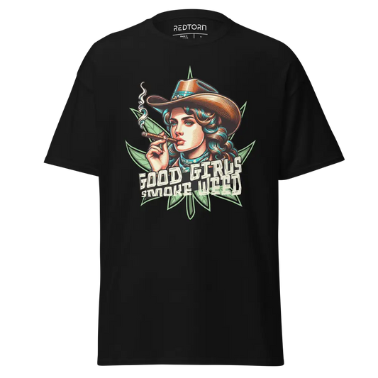 Cannabis woman graphic on black cotton unisex t-shirt