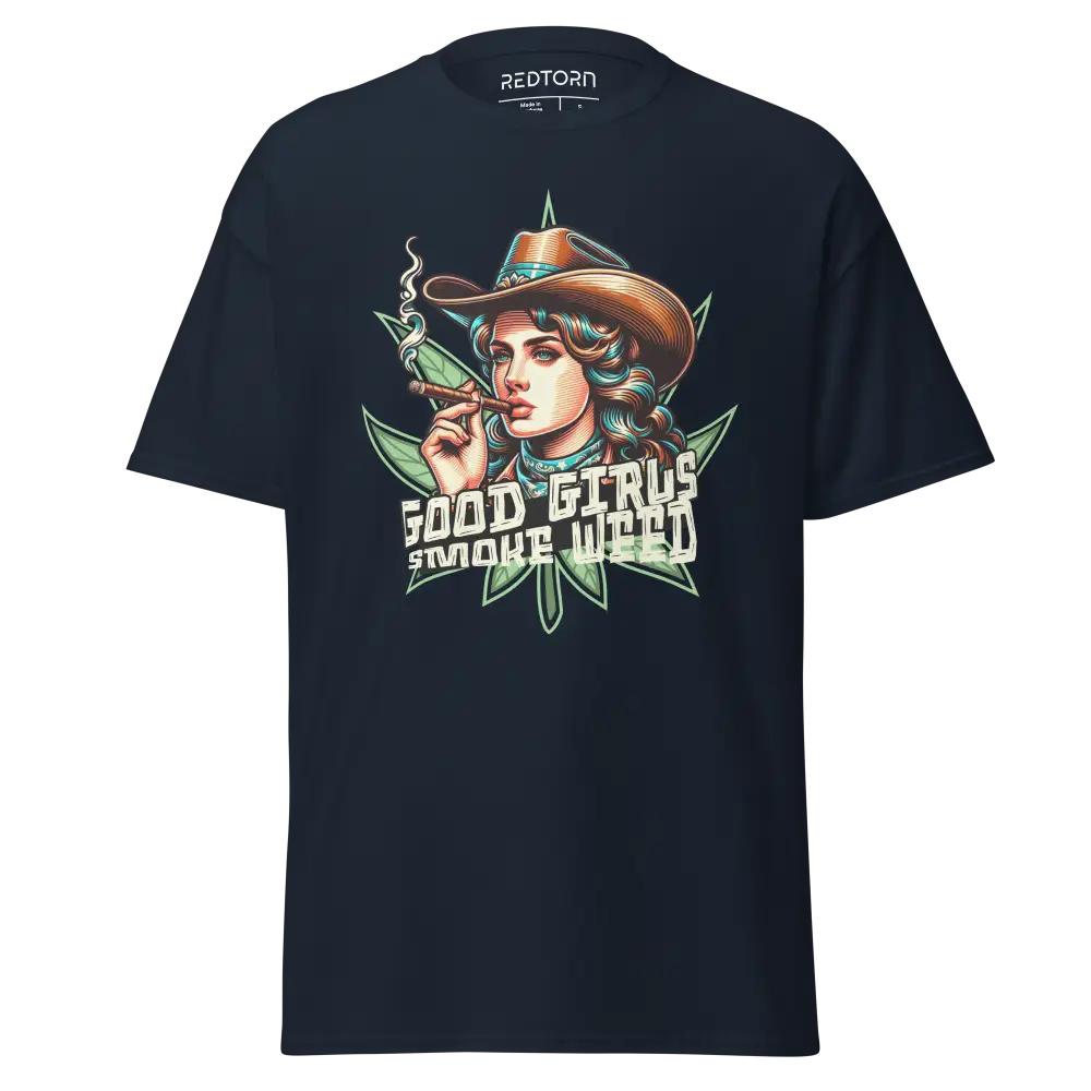 Navy blue graphic cotton unisex tee with marijuana woman design and good girls smoke weed text