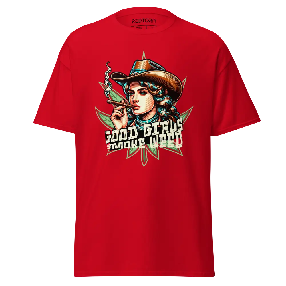 Red woman graphic cotton tee with marijuana smoking woman and good girls smoke weed text