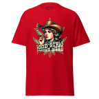 Red woman graphic cotton tee with marijuana smoking woman and good girls smoke weed text